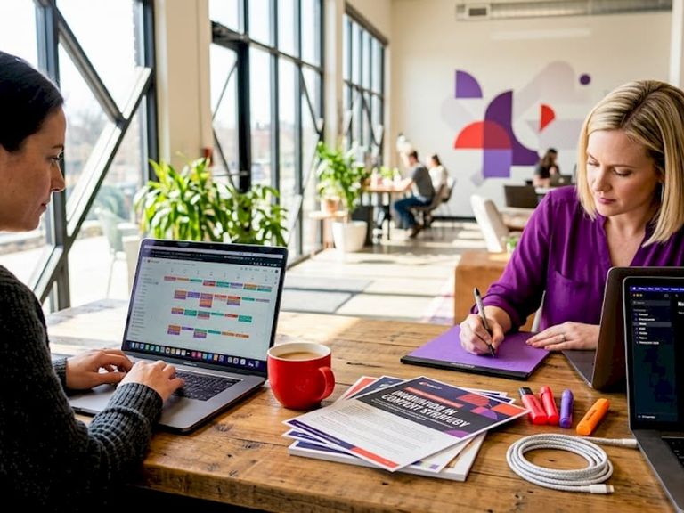 Strategists planning content at shared office desk
