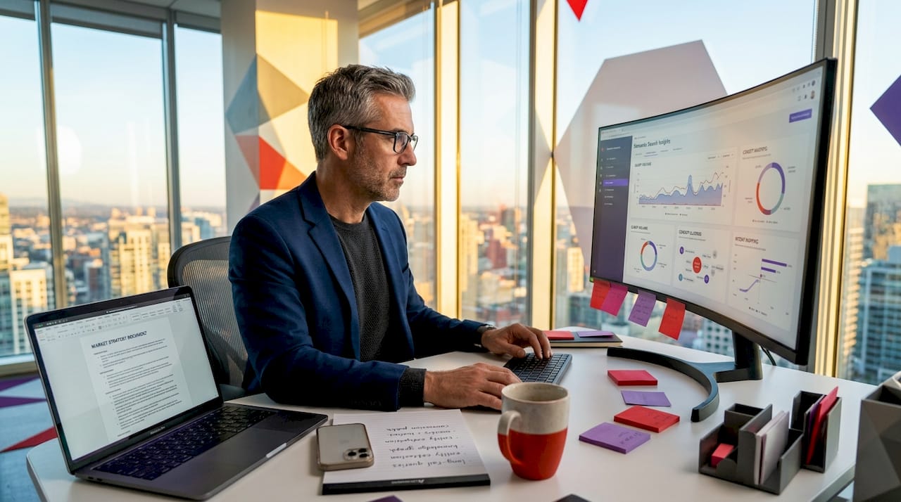 Business analyst reviewing semantic search data on computer