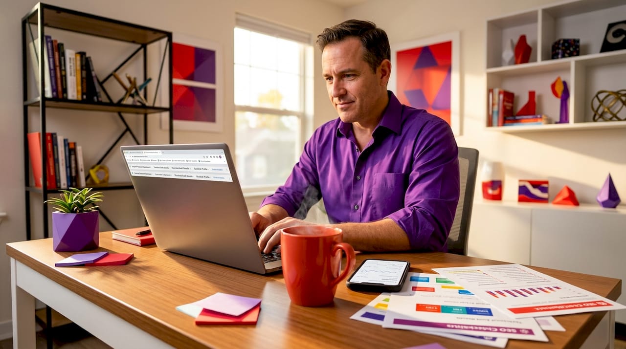 Small business owner working on SEO strategy at home