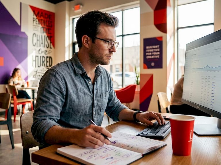 SEO specialist reviewing website analytics at desk