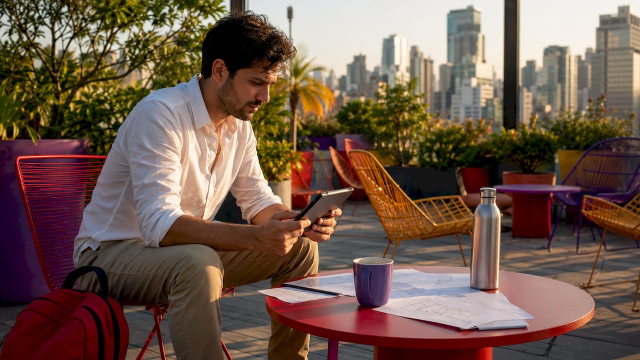 Product manager configuring analytics on tablet
