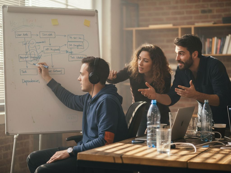 Developers discussing task dependencies at whiteboard