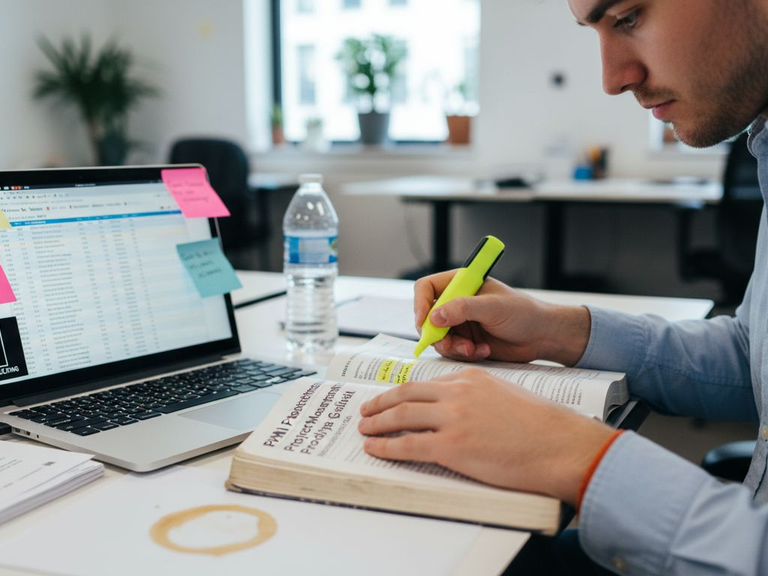 Professional studying PMI certification guide