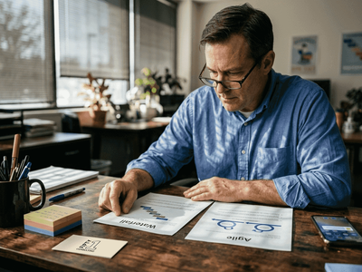 Project manager evaluates methodologies at desk