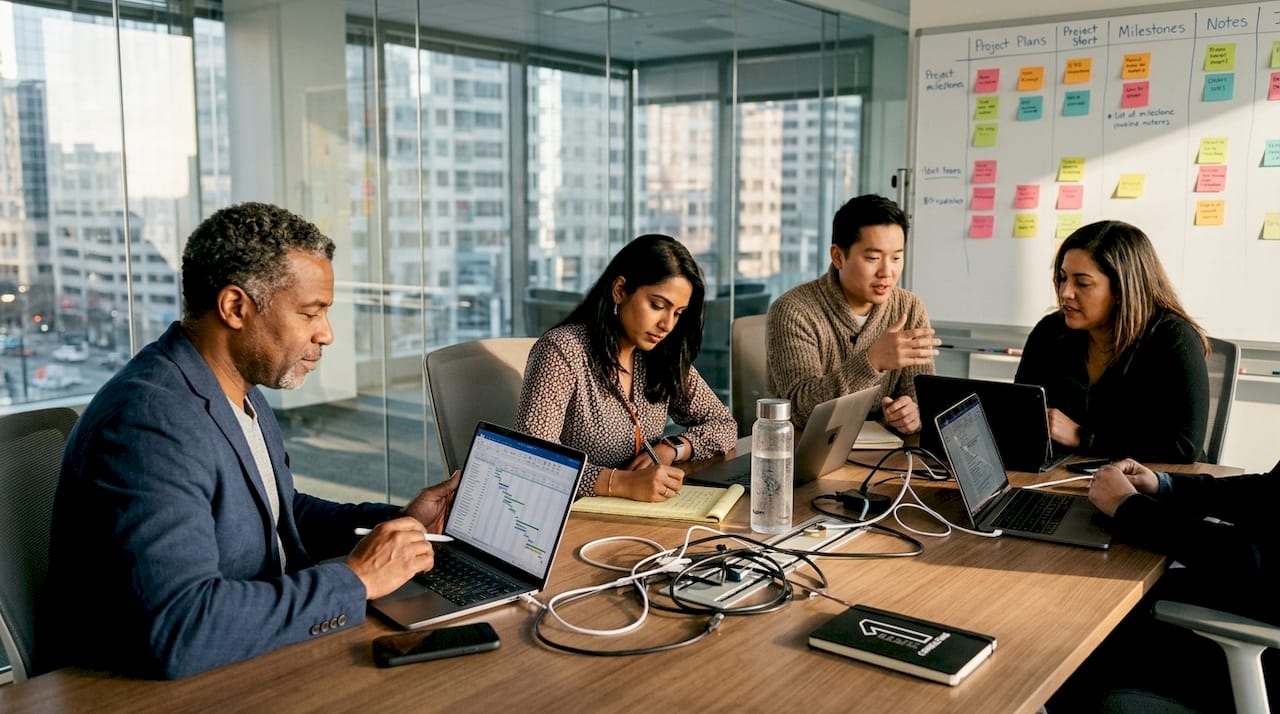 69e6f2700f5222ee15f154f8  Team discussing project at conference table
