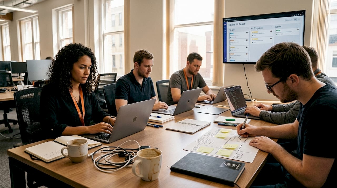 69e6f295f81a6a39e04c044f  Agile team works in busy office space