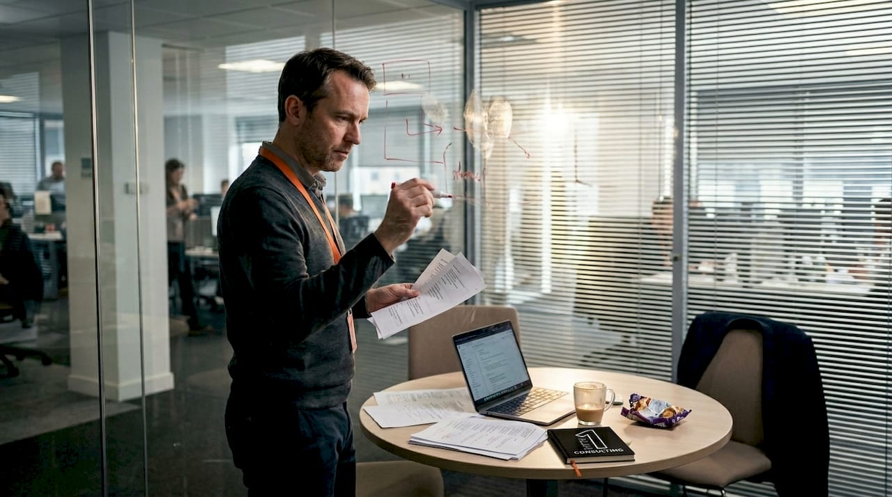 Product owner sketching workflow diagram on glass