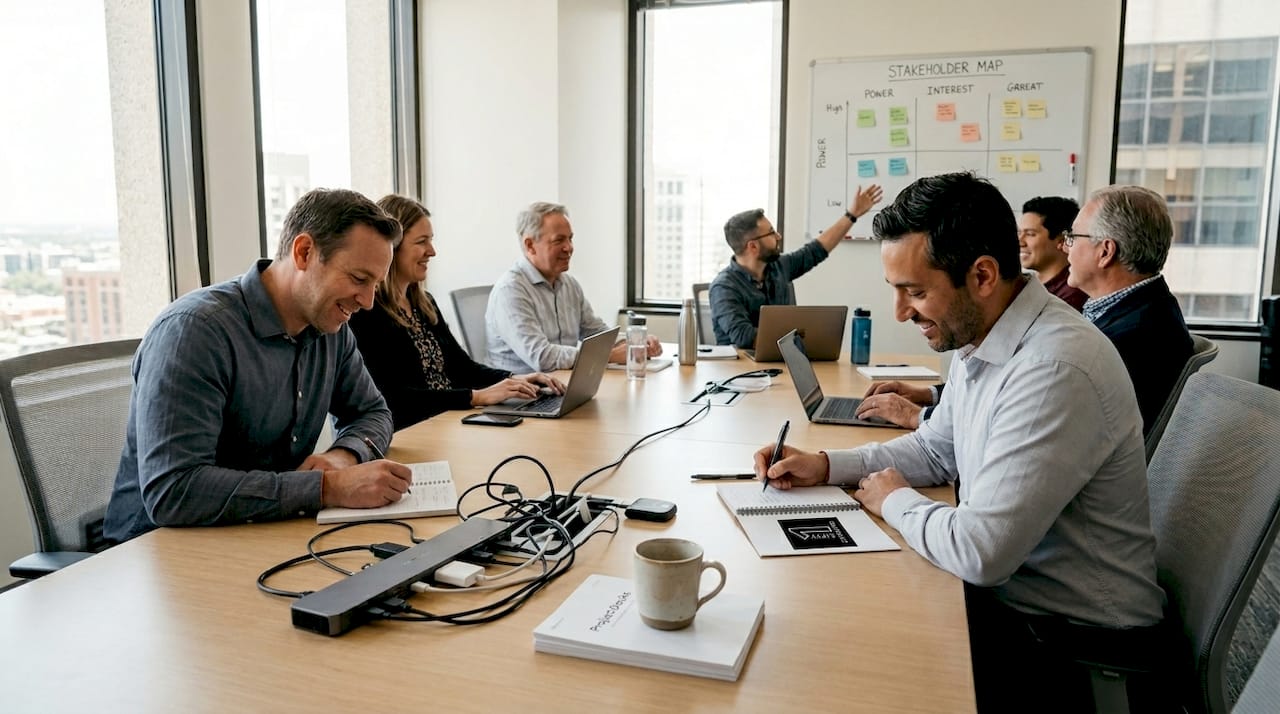 69f956c7a84f0ab16d4ca78f Tech leader at meeting about stakeholder management