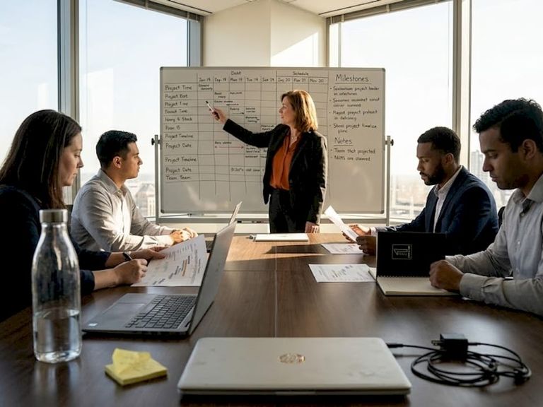 69f956f44427c1e9832cc6f9  Project leader guiding focused team meeting