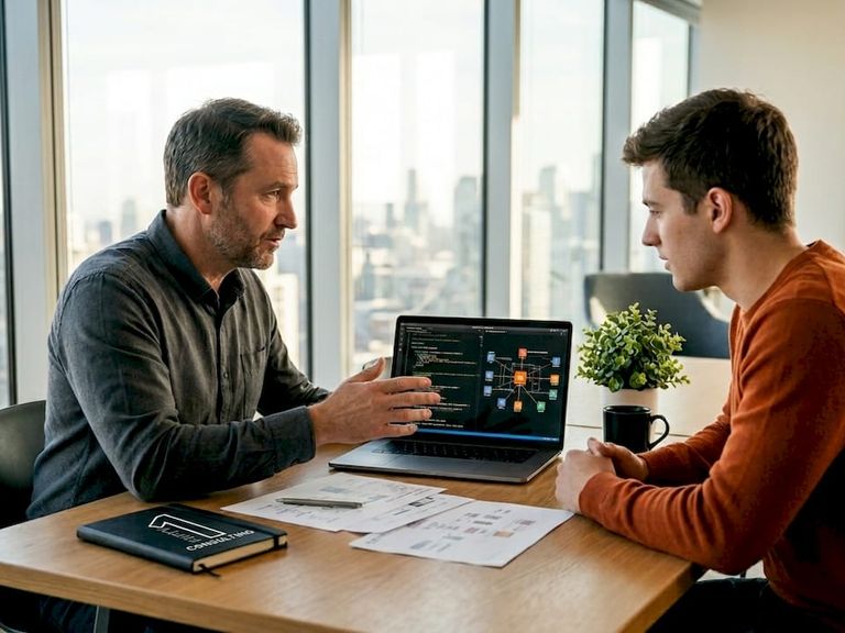 Engineer discussing infrastructure dependencies in office