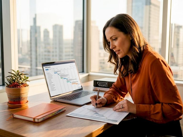 6a5ea967f2cc29a7f734c1f2 Manager reviewing project milestones in office